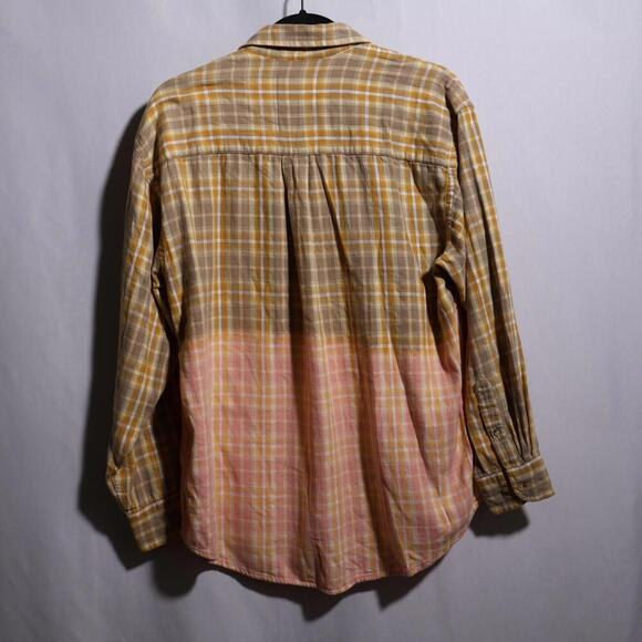Urban Renewal Bleached VTG Flannel Plaid Button Top Gold Pink Grunge 90s L Artsy - Picture 5 of 8